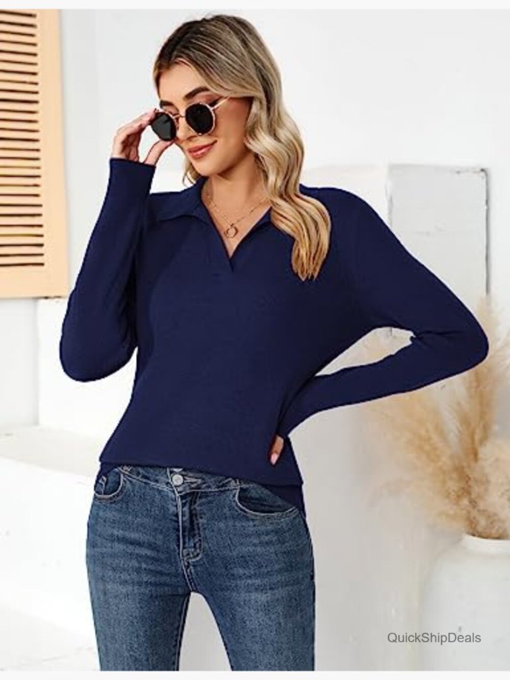 Women's Knitted V-Neck Polo Sweater Long Sleeve Winter Pullover - Picture 7 of 7